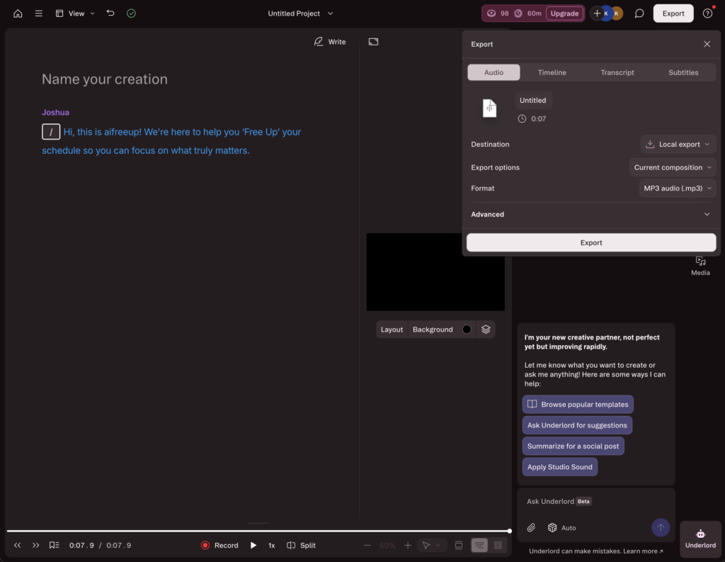 Descript ai voice generation in project interface example