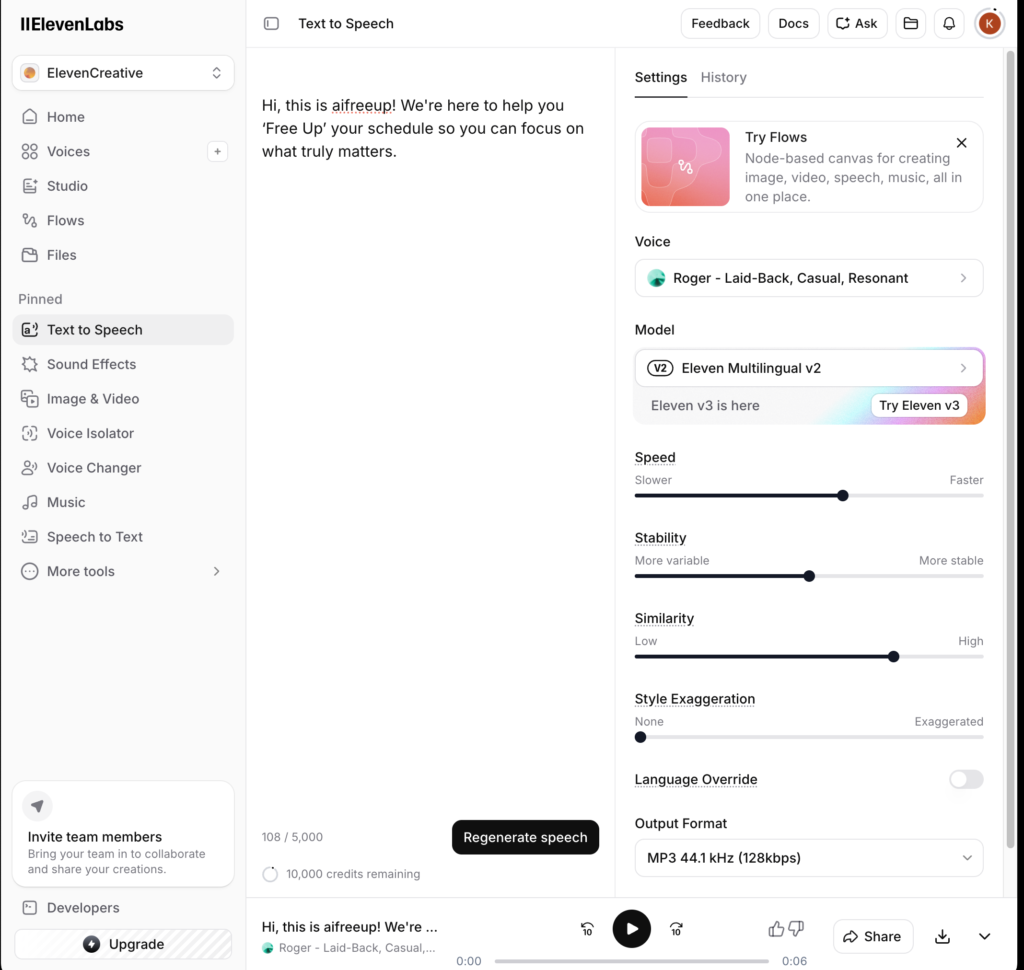 ElevenLabs text to speech voice generation interface example