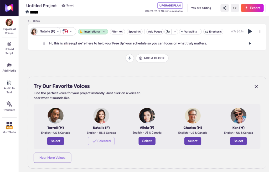 Murf ai voice generator interface example