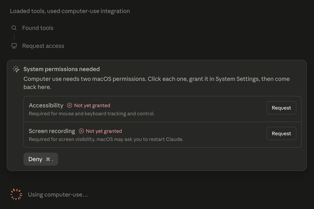 Claude's computer-use AI agent asking for macOS Accessibility and Screen Recording permissions, showing the broad access behind AI agent security risks