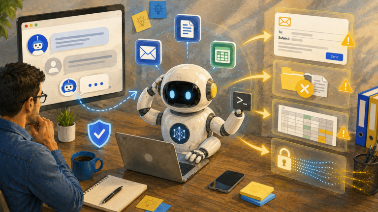An AI agent taking real actions like sending email and editing files on its own, illustrating AI agent security risks
