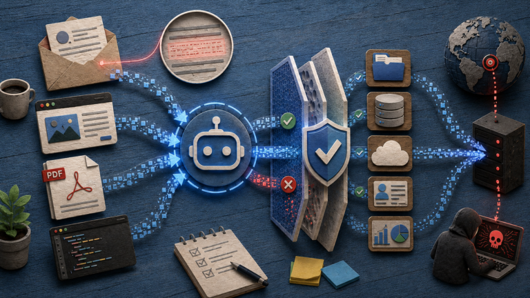 Prompt injection concept: a hidden malicious instruction inside a document hijacking an AI assistant
