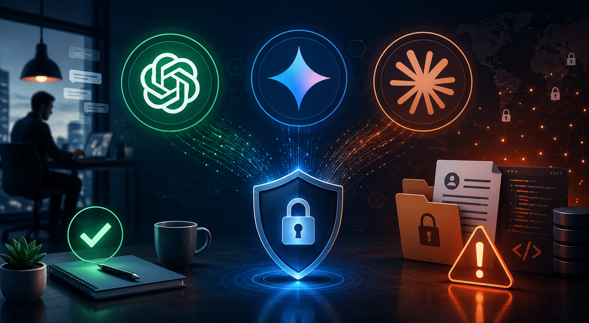 ChatGPT vs Gemini vs Claude logos beside a padlock representing work data privacy