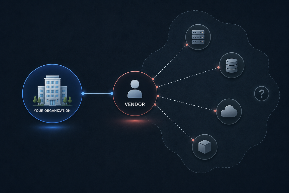Blast radius diagram showing a vendor's AI reaching unrelated third-party accounts