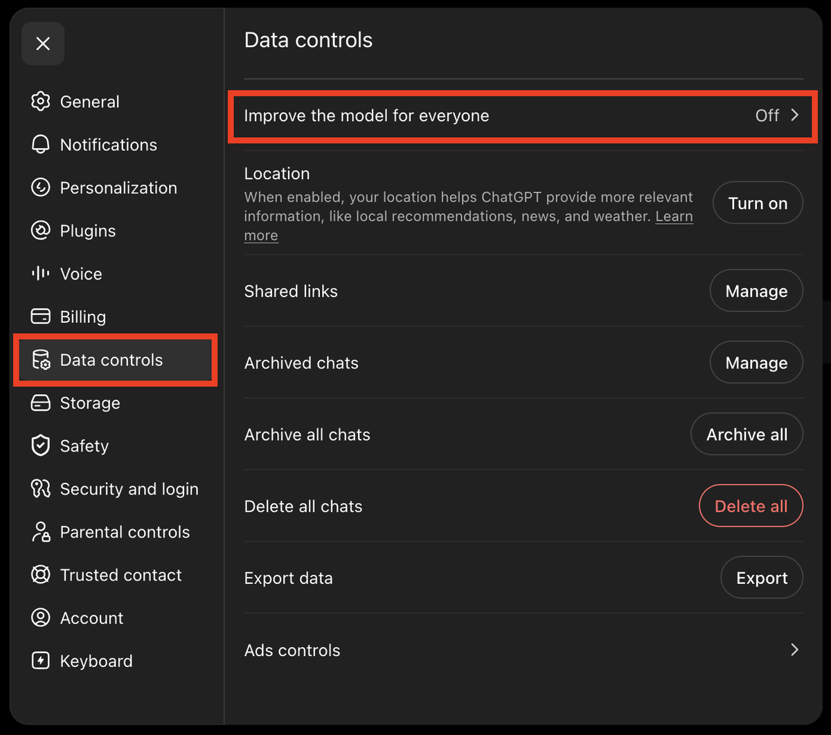 ChatGPT vs Gemini vs Claude privacy: ChatGPT Data Controls with the Improve the model for everyone toggle set to off
