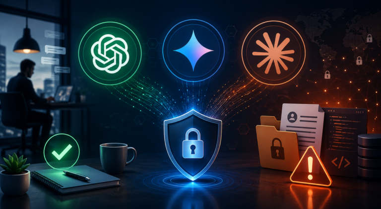 ChatGPT vs Gemini vs Claude logos beside a padlock representing work data privacy