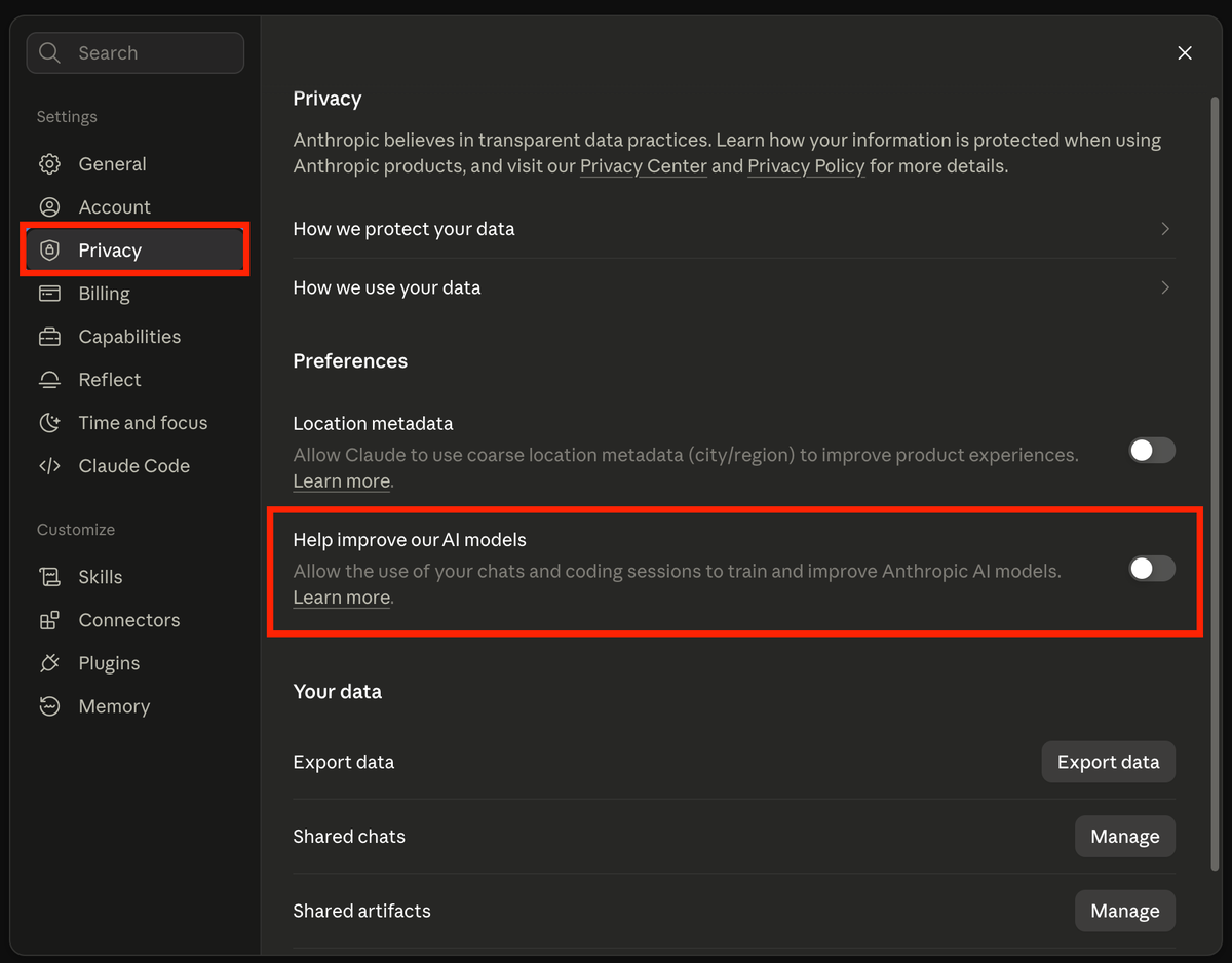 Claude privacy settings screen showing the model training opt-out toggle