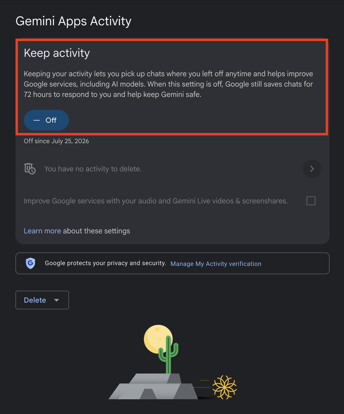 Google Gemini Keep Activity setting page showing the toggle to turn off activity