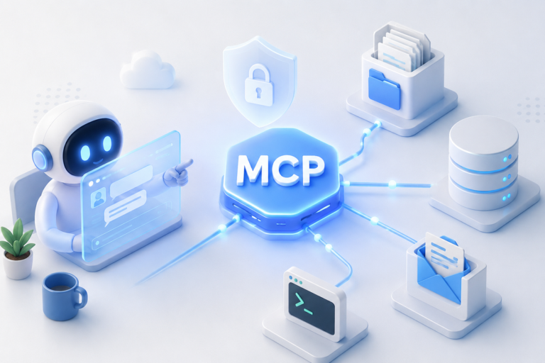 An AI assistant connected to several MCP servers that reach into files, databases and email, illustrating MCP server security risks