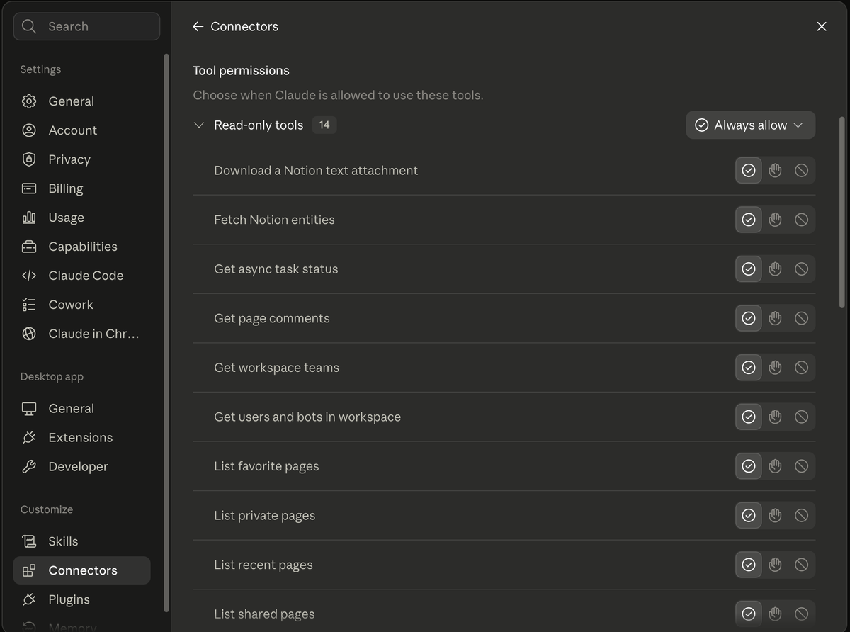Tool permissions for one connector, listing fourteen read-only tool names with an always allow setting and no tool descriptions shown