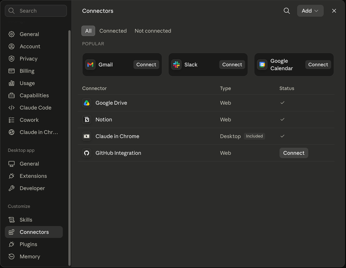 Connector settings in an AI client showing three active connections to Google Drive, Notion and the browser, each one a shadow MCP server the user never thought of as a set